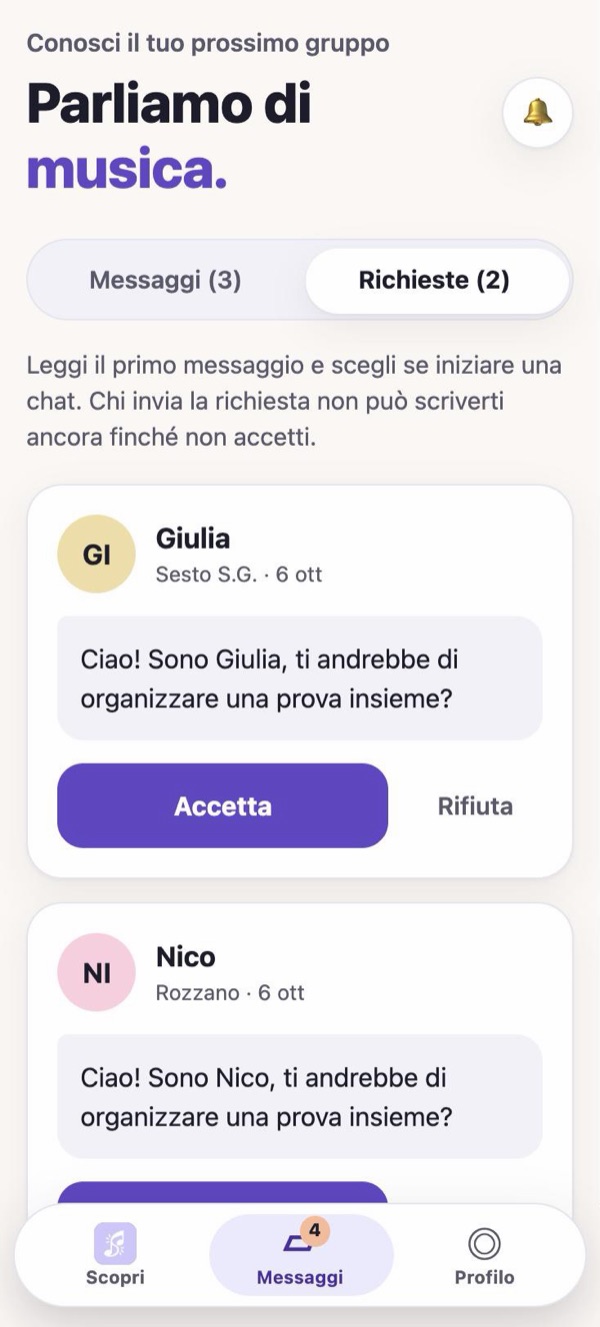 Schermata Richieste: Giulia e Nico chiedono di organizzare una prova insieme, ognuno con i pulsanti Accetta e Rifiuta.