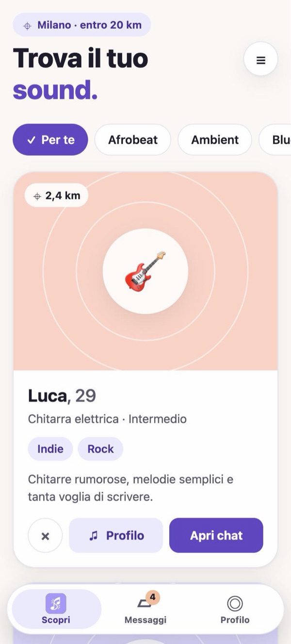 Schermata Scopri: ricerca a Milano entro 20 km, filtri per genere e la scheda di Luca, 29 anni, chitarra elettrica, a 2,4 km, con i pulsanti Profilo e Apri chat.